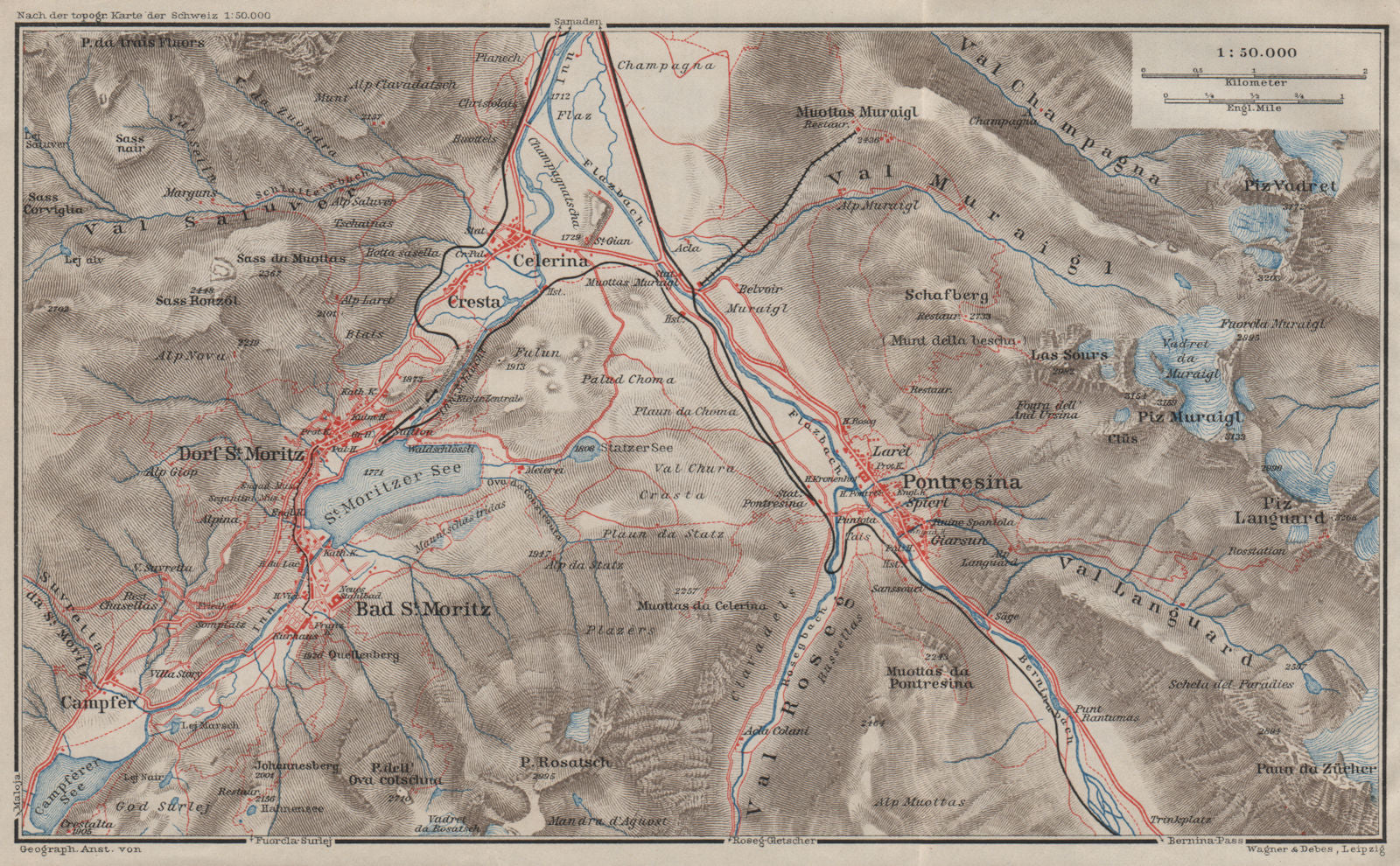 ST MORITZ & PONTRESINA. Celerina Cresta Piz Vadret/Muraigl/Languard 1909 map